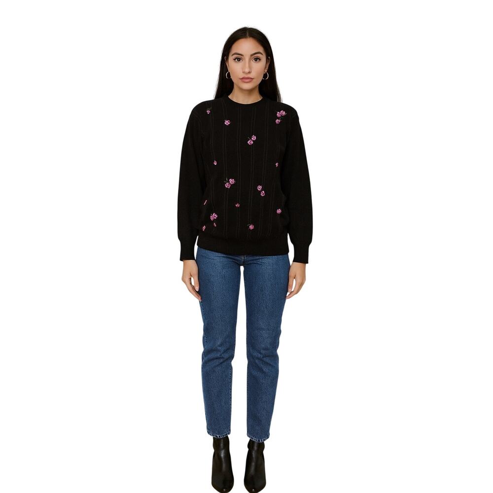 Ballantyne‎ Scottish Intarsia Cashmere Knit Sweater Floral Black 38 Cottagecore